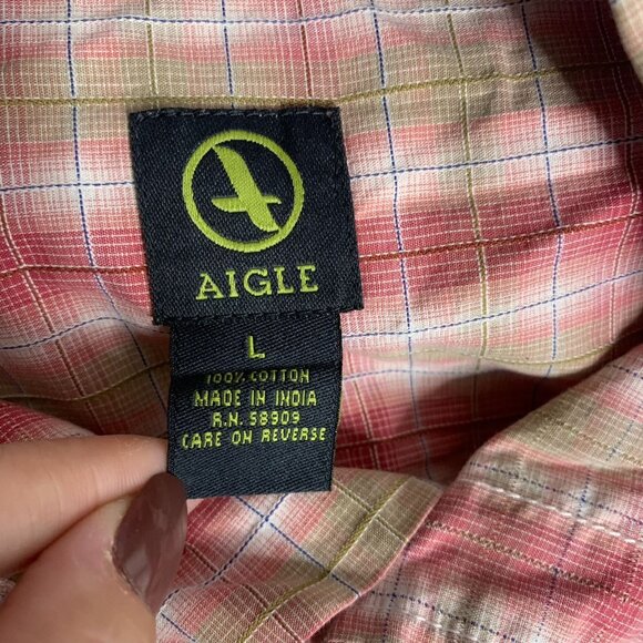 Aigle Button Up Short Sleeve Shirt L Pink Plaid Chest Pocket Collared Cotton - Picture 6 of 6